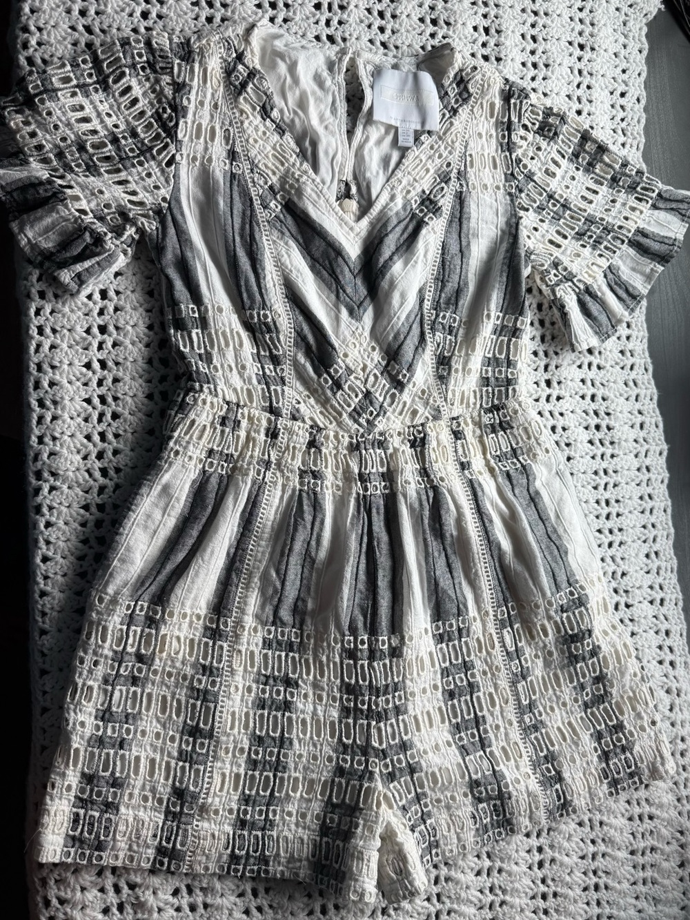 Anthropologie Striped V-Neck Short-Sleeve Romper in White and Gray
